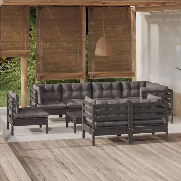 9 Piece Garden Lounge Set with Cushions Black Solid Pinewood vidaXL