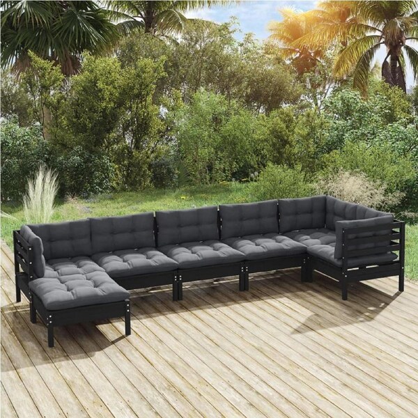 7 Piece Garden Lounge Set with Cushions Black Solid Pinewood vidaXL