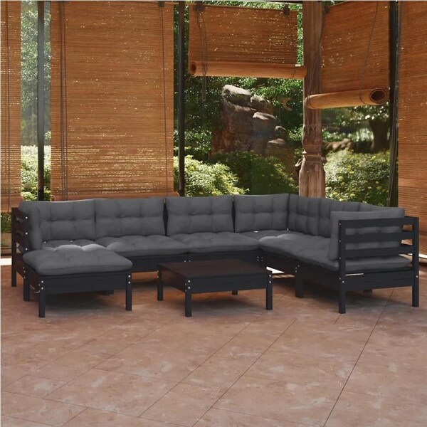 8 Piece Garden Lounge Set with Cushions Black Solid Pinewood vidaXL