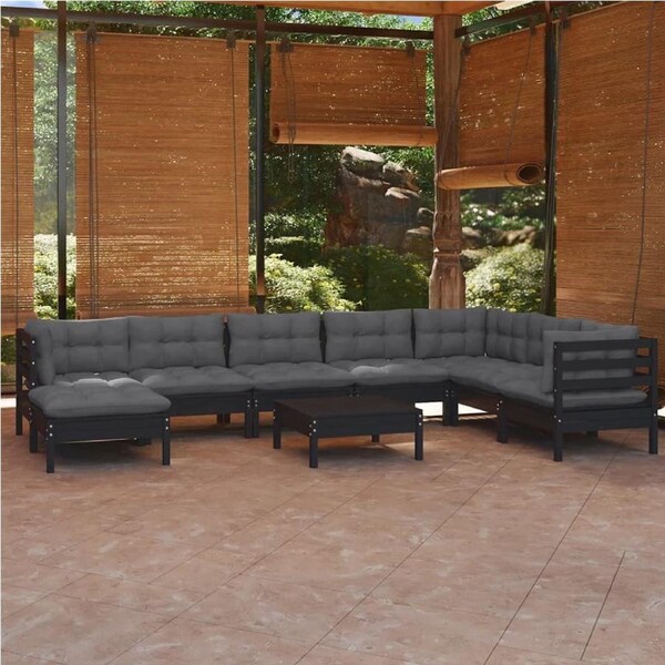 9 Piece Garden Lounge Set with Cushions Black Solid Pinewood vidaXL