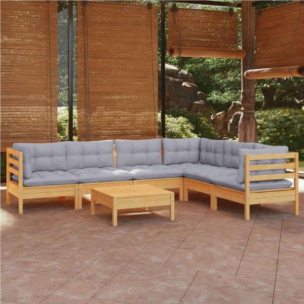 7 Piece Garden Lounge Set with Grey Cushions Solid Pinewood vidaXL