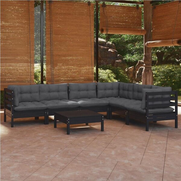 7 Piece Garden Lounge Set with Cushions Black Solid Pinewood vidaXL