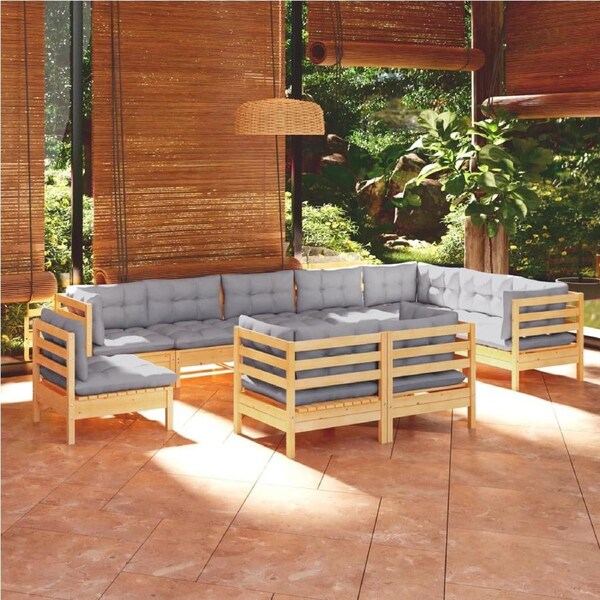 10 Piece Garden Lounge Set with Grey Cushions Solid Pinewood vidaXL