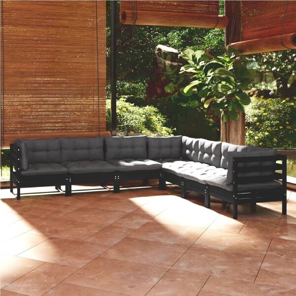 7 Piece Garden Lounge Set with Cushions Black Solid Pinewood vidaXL