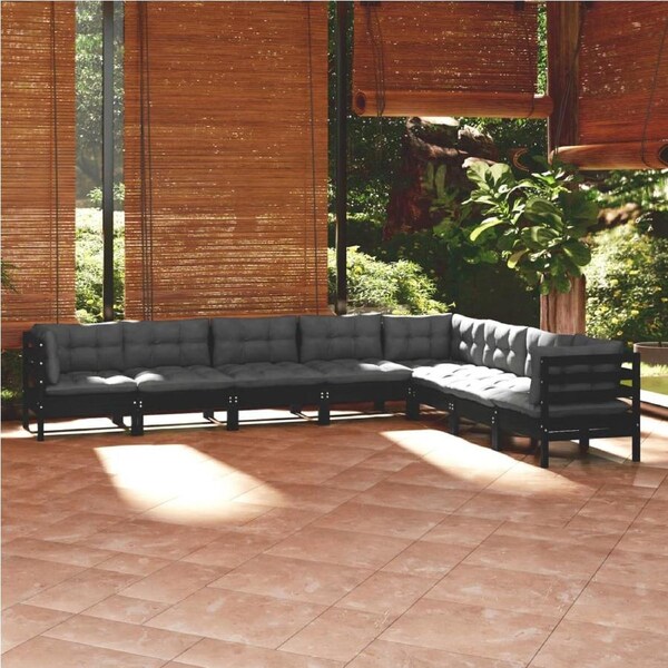 8 Piece Garden Lounge Set with Cushions Black Solid Pinewood vidaXL