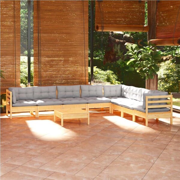9 Piece Garden Lounge Set with Grey Cushions Solid Pinewood vidaXL