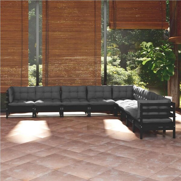 9 Piece Garden Lounge Set with Cushions Black Solid Pinewood vidaXL
