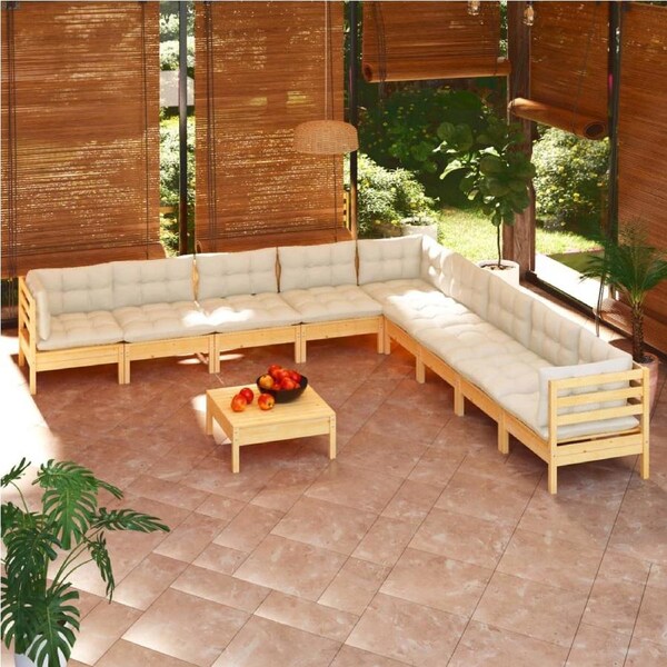 10 Piece Garden Lounge Set with Cream Cushions Solid Pinewood vidaXL
