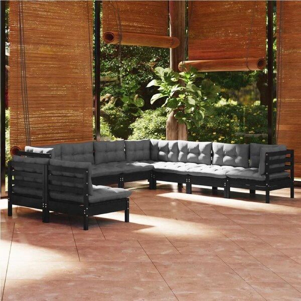 9 Piece Garden Lounge Set with Cushions Black Solid Pinewood vidaXL