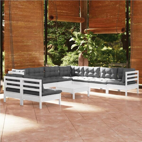 10 Piece Garden Lounge Set with Cushions White Solid Pinewood vidaXL