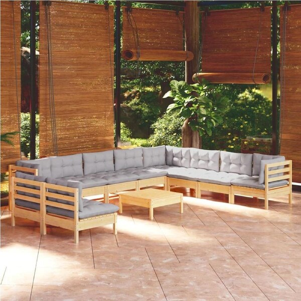 11 Piece Garden Lounge Set with Grey Cushions Solid Pinewood vidaXL