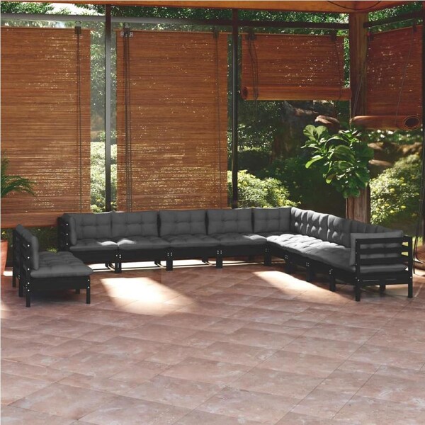 11 Piece Garden Lounge Set with Cushions Black Solid Pinewood vidaXL