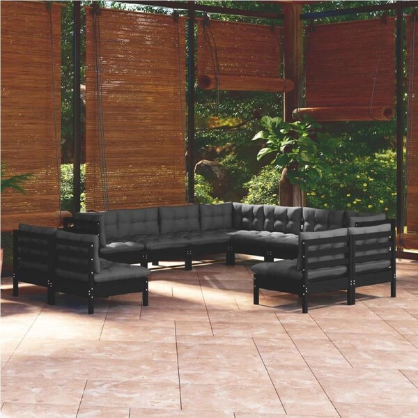 11 Piece Garden Lounge Set with Cushions Black Solid Pinewood vidaXL