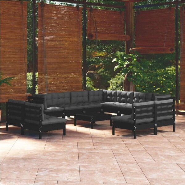 12 Piece Garden Lounge Set with Cushions Black Solid Pinewood vidaXL