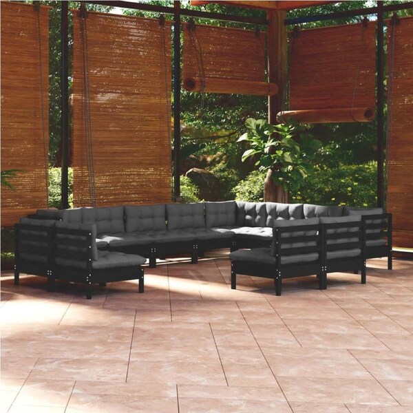 12 Piece Garden Lounge Set with Cushions Black Solid Pinewood vidaXL