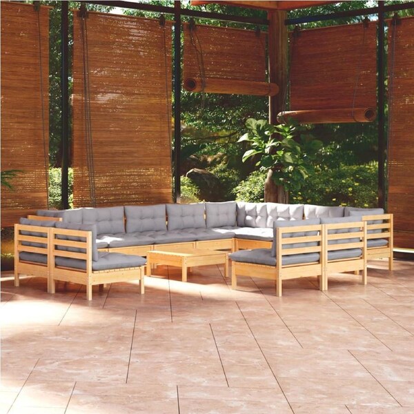 13 Piece Garden Lounge Set with Grey Cushions Solid Pinewood vidaXL