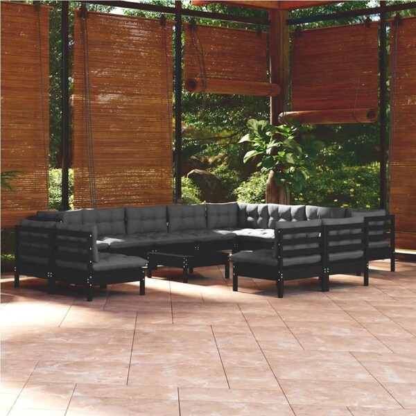 13 Piece Garden Lounge Set with Cushions Black Solid Pinewood vidaXL