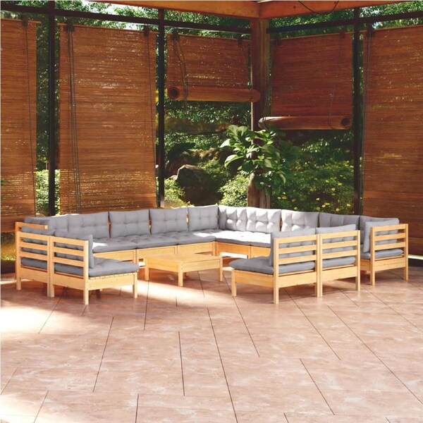 14 Piece Garden Lounge Set with Grey Cushions Solid Pinewood vidaXL