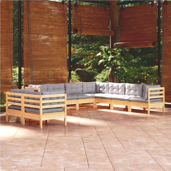 9 Piece Garden Lounge Set with Grey Cushions Solid Pinewood vidaXL