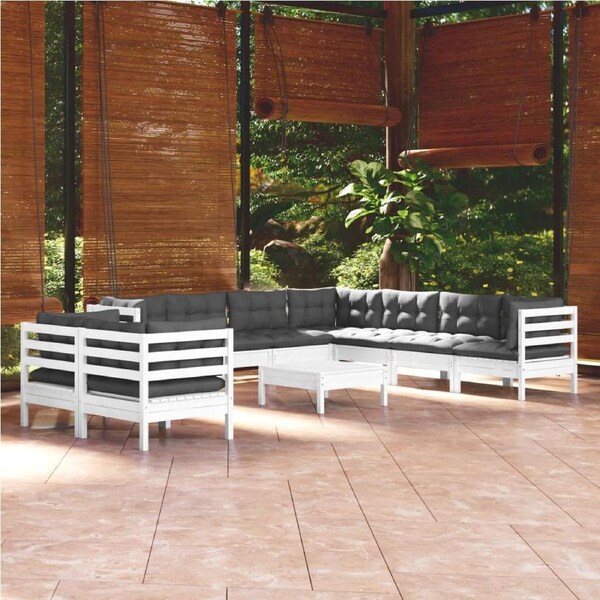 10 Piece Garden Lounge Set with Cushions White Solid Pinewood vidaXL