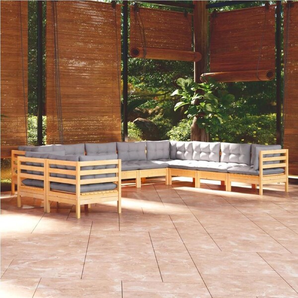 10 Piece Garden Lounge Set with Grey Cushions Solid Pinewood vidaXL