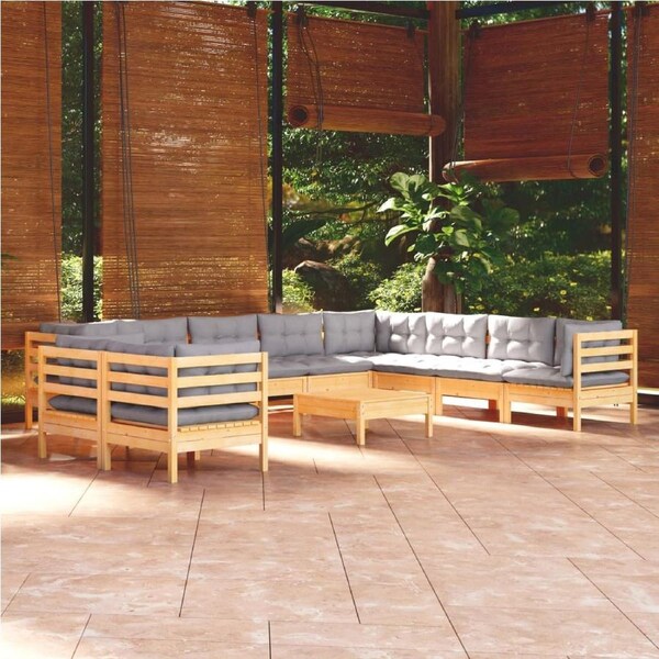 11 Piece Garden Lounge Set with Grey Cushions Solid Pinewood vidaXL