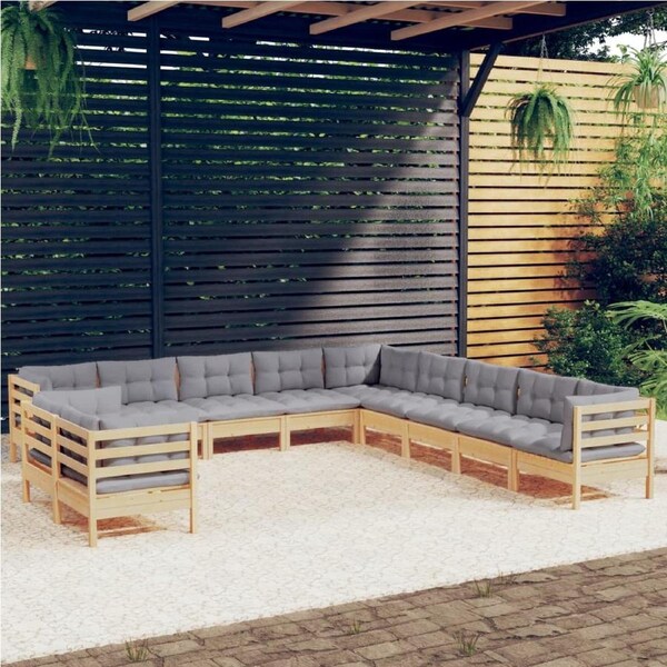 11 Piece Garden Lounge Set with Grey Cushions Solid Pinewood vidaXL