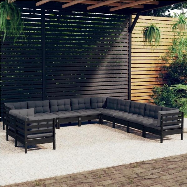 11 Piece Garden Lounge Set with Cushions Black Solid Pinewood vidaXL