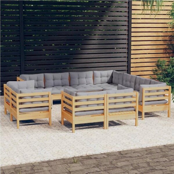 11 Piece Garden Lounge Set with Grey Cushions Solid Pinewood vidaXL