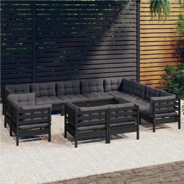 12 Piece Garden Lounge Set with Cushions Black Solid Pinewood vidaXL