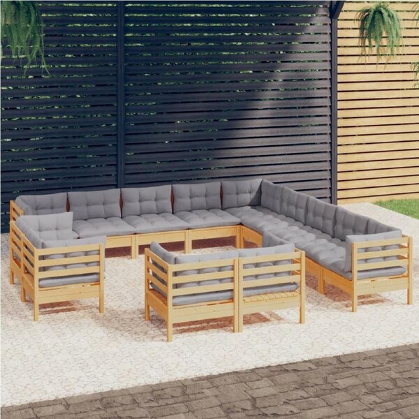 13 Piece Garden Lounge Set with Grey Cushions Solid Pinewood vidaXL