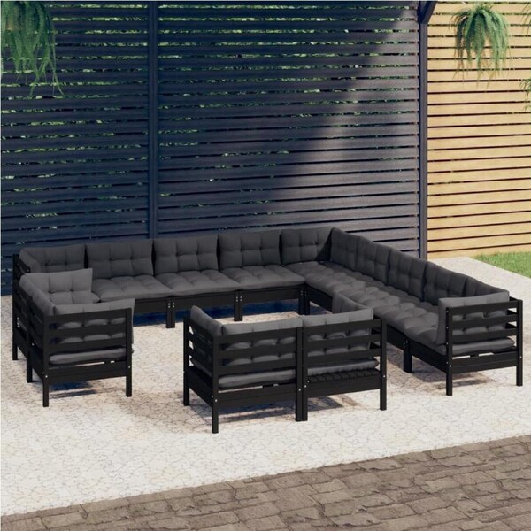 13 Piece Garden Lounge Set with Cushions Black Solid Pinewood vidaXL