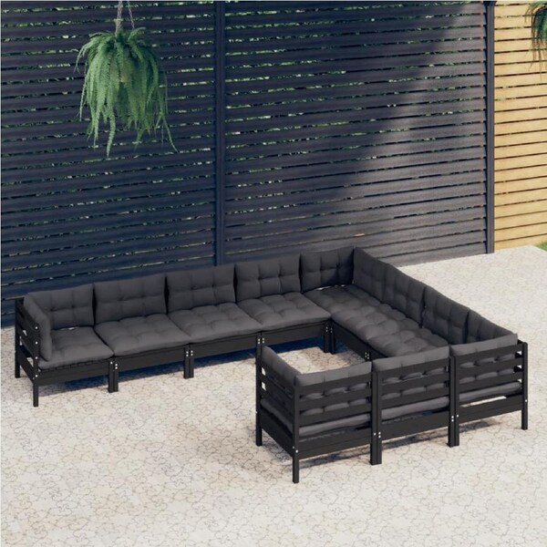 10 Piece Garden Lounge Set with Cushions Black Pinewood vidaXL