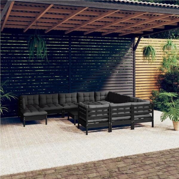 12 Piece Garden Lounge Set with Cushions Black Pinewood vidaXL