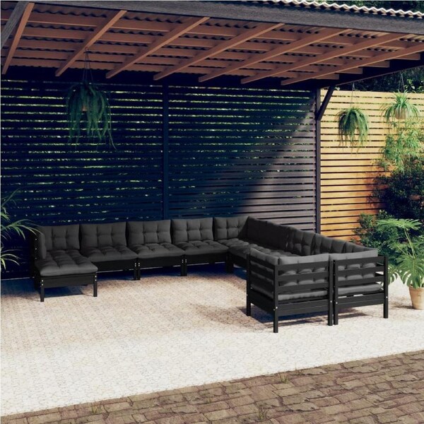 11 Piece Garden Lounge Set with Cushions Black Pinewood vidaXL