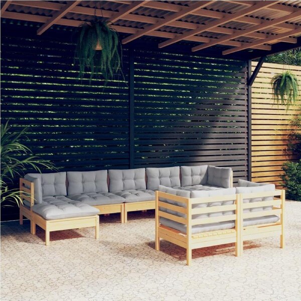 9 Piece Garden Lounge Set with Grey Cushions Solid Pinewood vidaXL