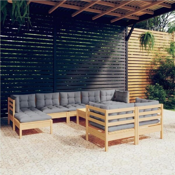 10 Piece Garden Lounge Set with Grey Cushions Solid Pinewood vidaXL