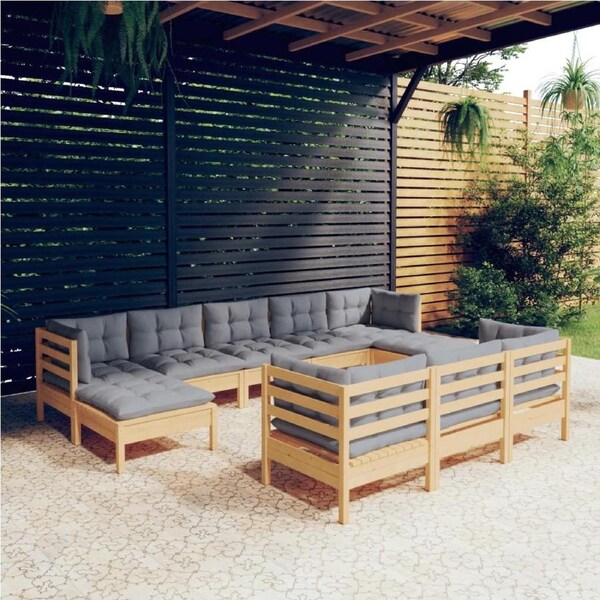 10 Piece Garden Lounge Set with Grey Cushions Solid Pinewood vidaXL