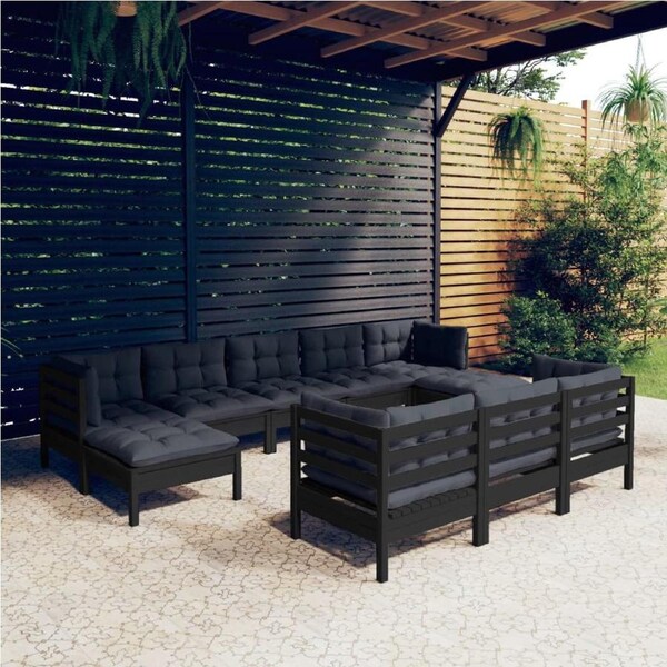 10 Piece Garden Lounge Set with Cushions Black Solid Pinewood vidaXL