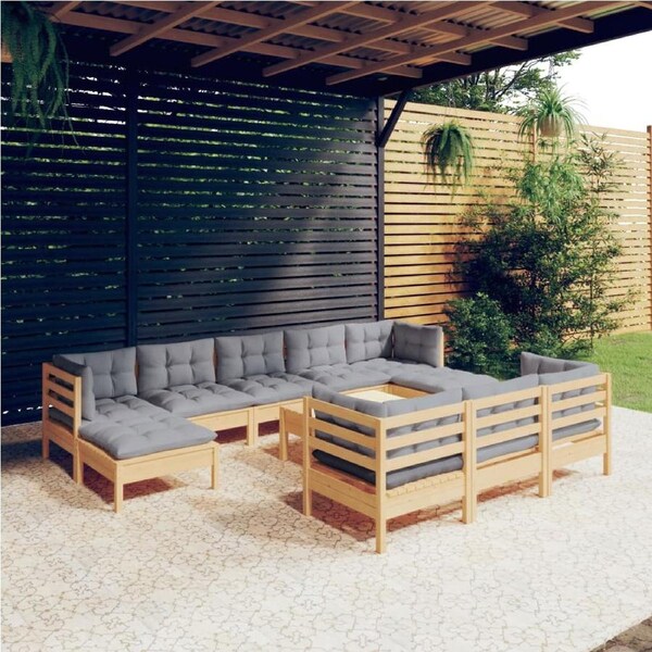 11 Piece Garden Lounge Set with Grey Cushions Solid Pinewood vidaXL