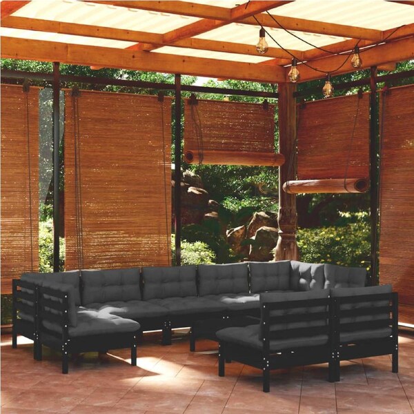 10 Piece Garden Lounge Set with Cushions Black Solid Pinewood vidaXL