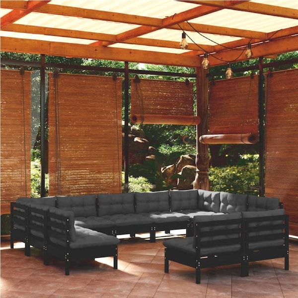 11 Piece Garden Lounge Set with Cushions Black Solid Pinewood vidaXL