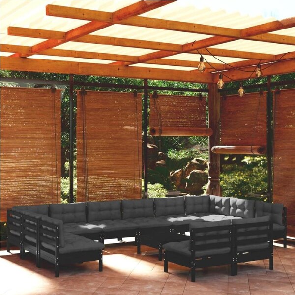 13 Piece Garden Lounge Set with Cushions Black Solid Pinewood vidaXL