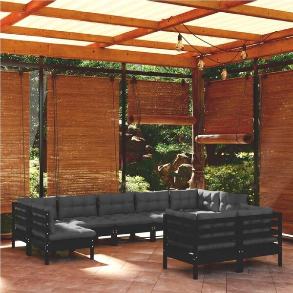 9 Piece Garden Lounge Set with Cushions Black Solid Pinewood vidaXL