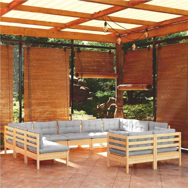 11 Piece Garden Lounge Set with Grey Cushions Solid Pinewood vidaXL