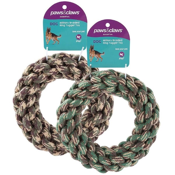 2x Paws & Claws Military 20x4cm Braided Ring Tug Pet Toy Play Chew Dog Assorted