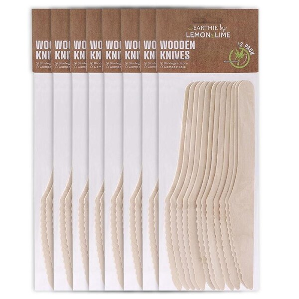96pc Lemon & Lime Eco 16.5cm Disposable Dinner Wooden Knives Cutlery Catering