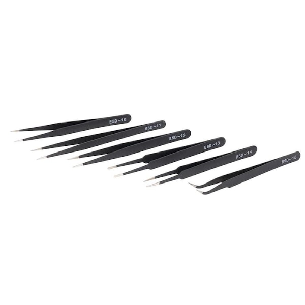 Precision Tweezers Electronics Set, 6pcs,Stainless Steel, Soldering Sharp Kit Anti-Static ESD Crafting Industrial Professional Premium Curved Jewelry