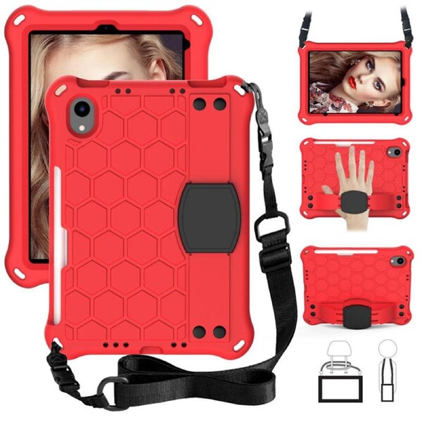 Catzon Hive iPad Case For iPad Mini 6 Durable Stand Cover With Shoulder Strap-RedBlack