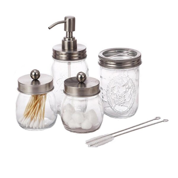 Catzon Glass Bathroom Accessories Set 4 Pcs Lotion Soap Dispenser Cotton Swab Holders Toothbrush Holder-Silver